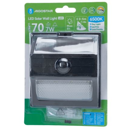 Aigostar - Candeeiro solar LED com sensor, 3,7 V, 6500 K, 500 mAh, IP65, preto