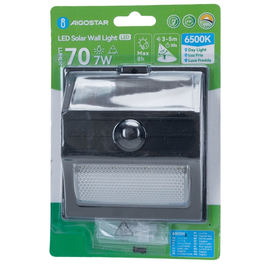 Aigostar - Candeeiro solar LED com sensor, 3,7 V, 6500 K, 500 mAh, IP65, preto