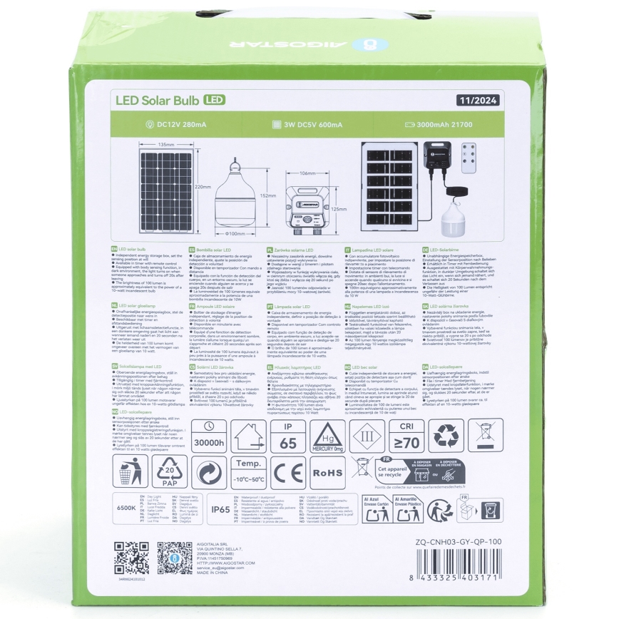 Aigostar - Candeeiro solar LED com sensor LED/35W/12V 3000 mAh 6500K diâmetro 10 cm + comando