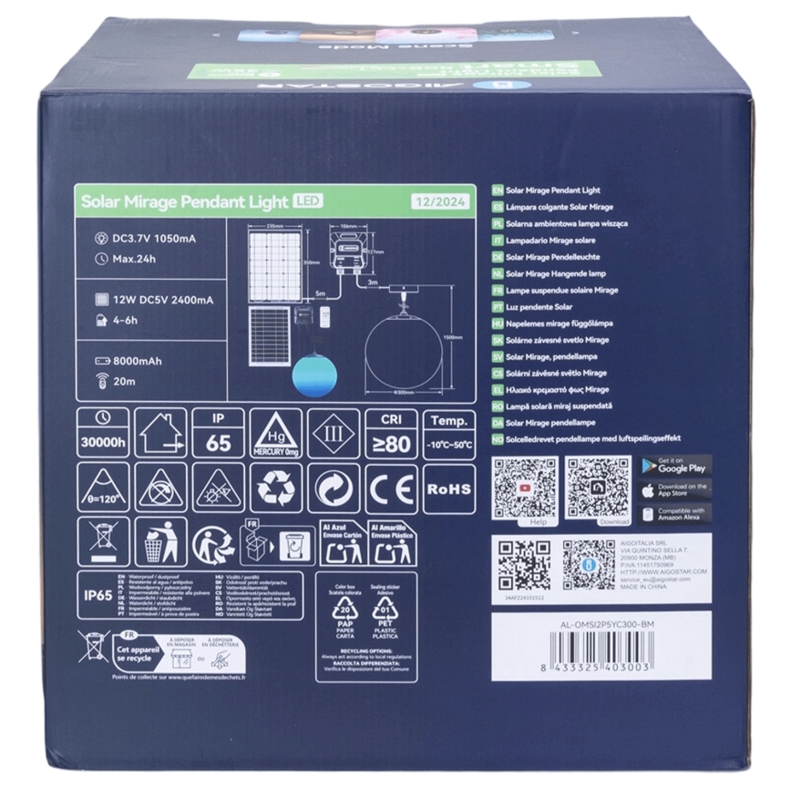 Aigostar - Candeeiro solar  LED RGBW regulável MESH LED/5W/3,7V 8000 mAh 2700K-6500K IP65 diâmetro 30 cm