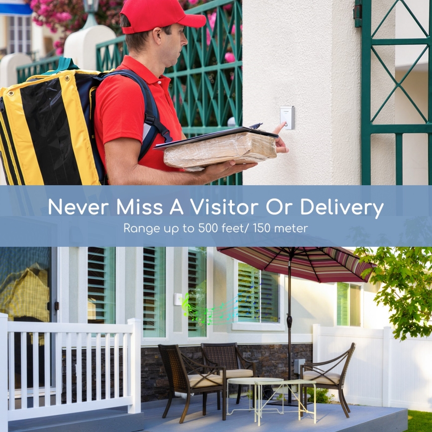 Aigostar - CONJUNTO 2x Campainhas sem fios 3xAA/12V IP44 branco