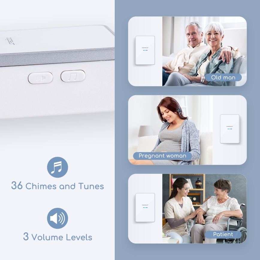 Aigostar - CONJUNTO 2x Campainhas sem fios 3xAA/12V IP44 branco