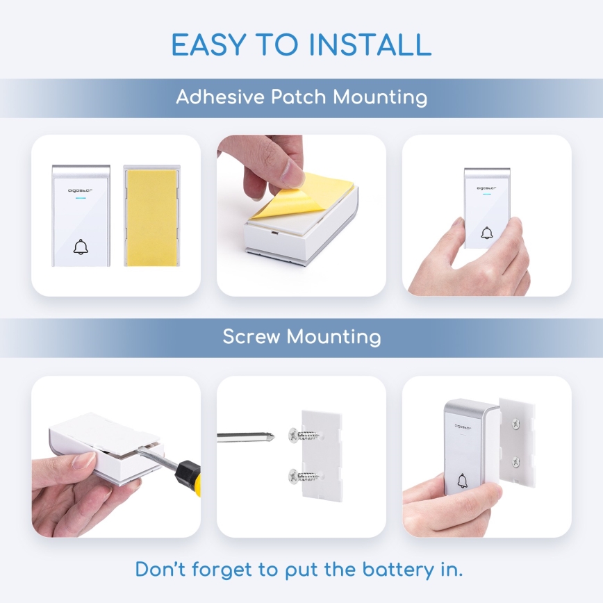 Aigostar - CONJUNTO 2x Campainhas sem fios 3xAA/12V IP44 branco