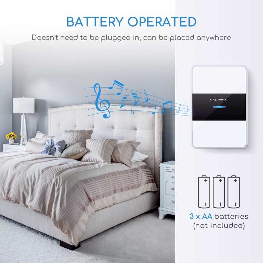 Aigostar - CONJUNTO 2x Campainhas sem fios 3xAA/12V IP44 branco/preto