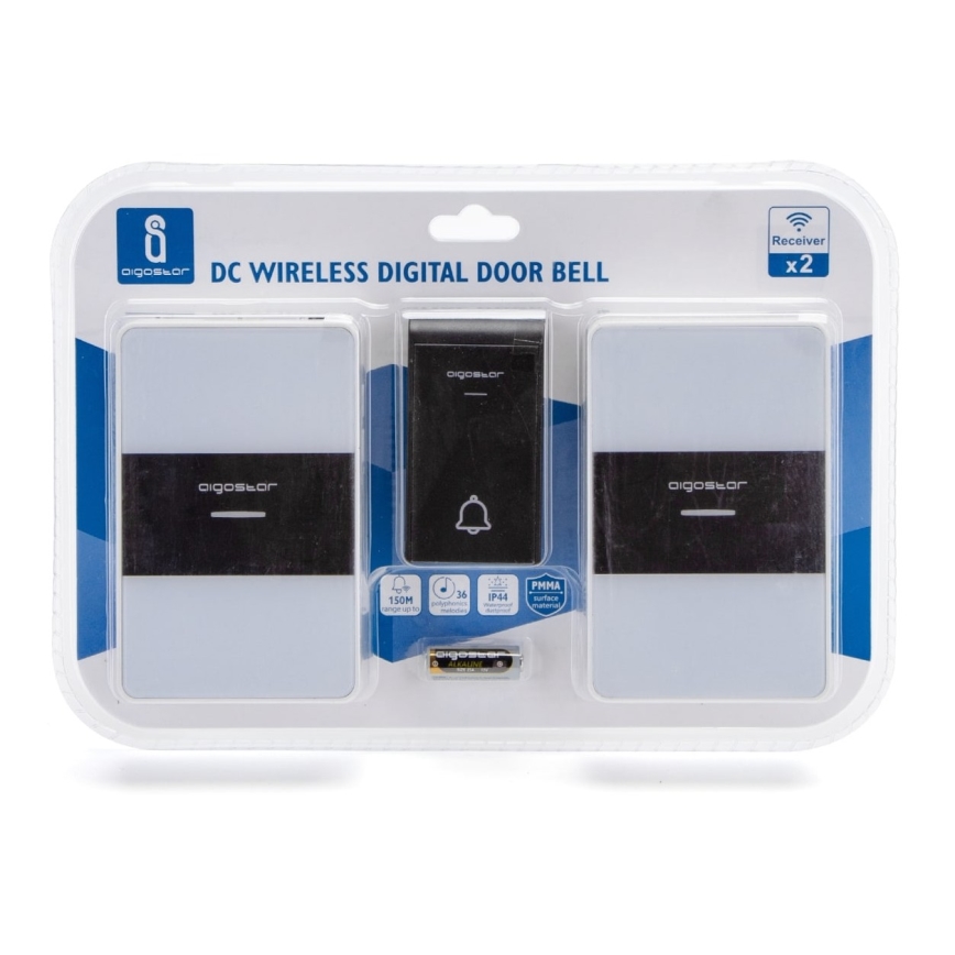 Aigostar - CONJUNTO 2x Campainhas sem fios 3xAA/12V IP44 branco/preto