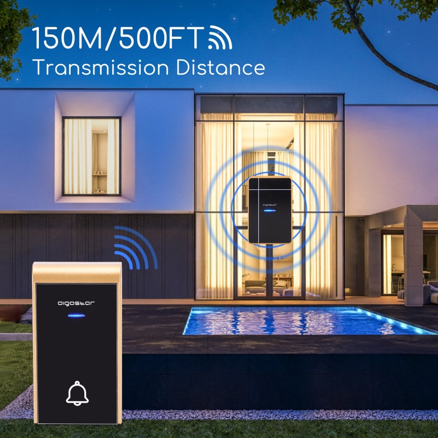 Aigostar - CONJUNTO 2x Campainhas sem fios 3xAA/12V IP44 preto