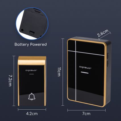 Aigostar - CONJUNTO 2x Campainhas sem fios 3xAA/12V IP44 preto