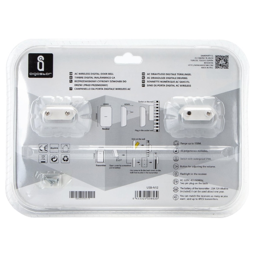 Aigostar - CONJUNTO 2x Campainhas Sem Fios Plug-in 230V/12V IP44 branco