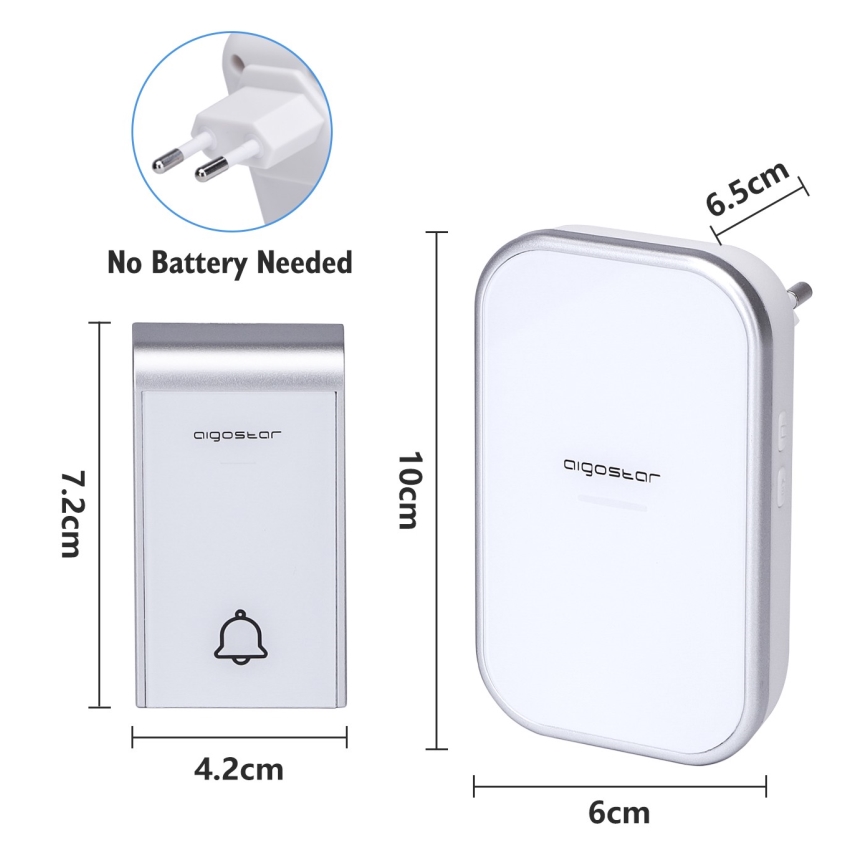 Aigostar - CONJUNTO 2x Campainhas Sem Fios Plug-in 230V/12V IP44 branco