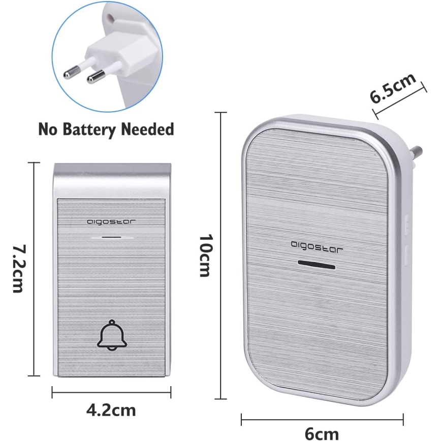 Aigostar - CONJUNTO 2x Campainhas Sem Fios Plug-in 230V/12V IP44 prateado