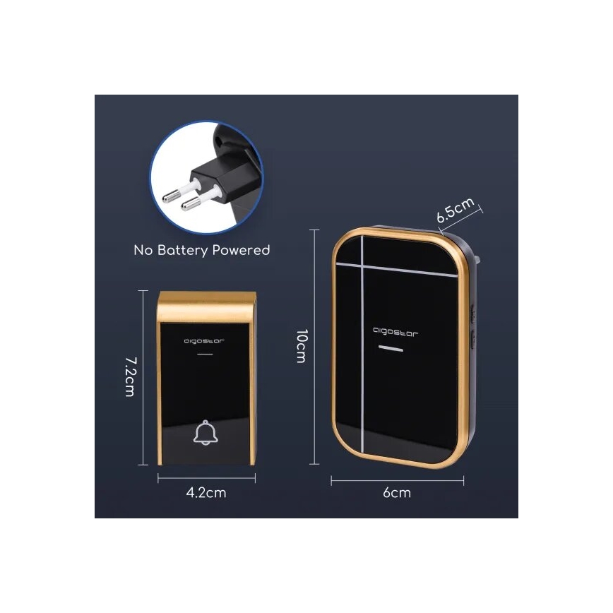 Aigostar - CONJUNTO 2x Campainhas Sem Fios Plug-in 230V/12V IP44 preto/cobre