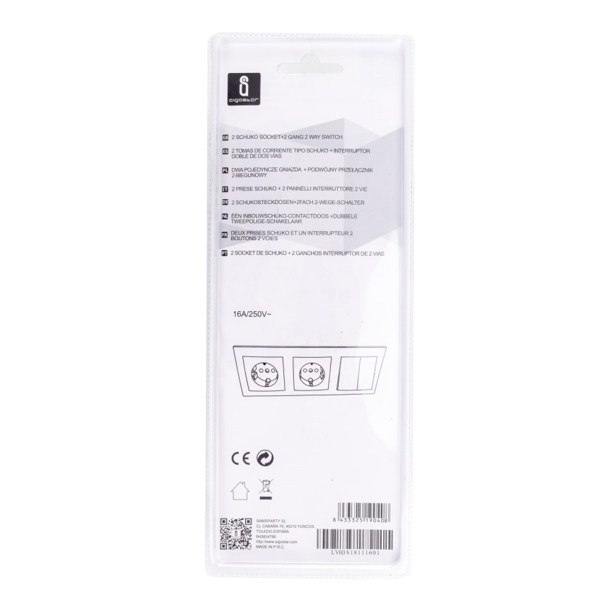 Aigostar - CONJUNTO 2x Tomada com Interruptor 2x16A/250V SCHUKO