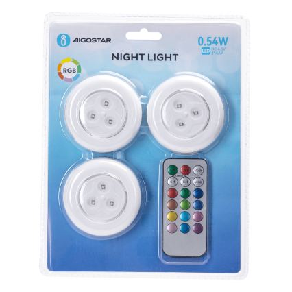 Aigostar - Conjunto de 3 LEDs RGB Candeeiro noturno portátil LED/3xAAA + controlo remoto