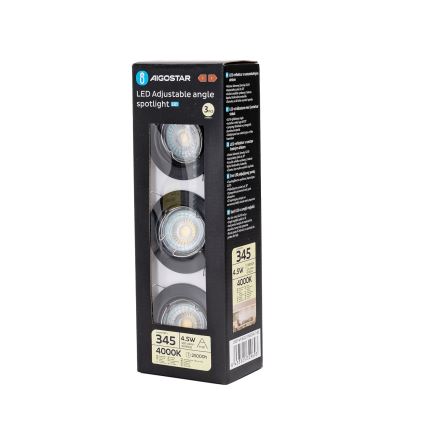 Aigostar - Conjunto 3x spot LED de embutir 1xGU10/4,5W/230V 4000K preto