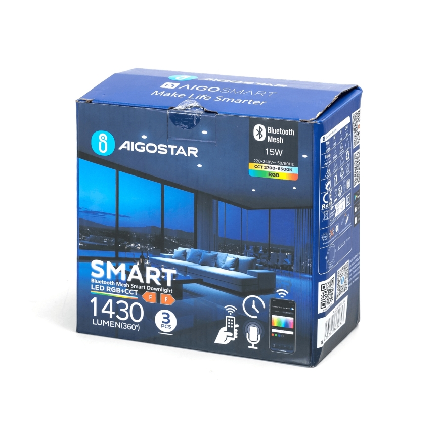 Aigostar - Kit 3x Luminárias de Embutir LED RGBW Reguláveis MESH LED/15W/230V 2700K-6500K Ø17 cm