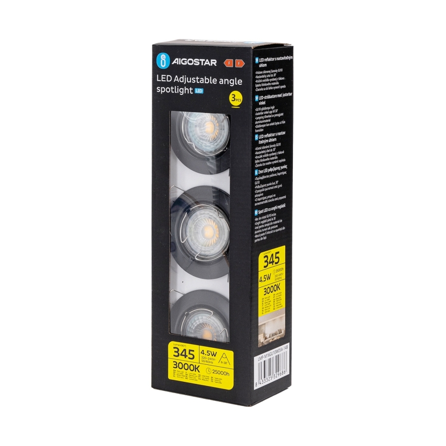 Aigostar - Conjunto de 3 luminárias de embutir LED 1x GU10/4,5W/230V 3000K pretas