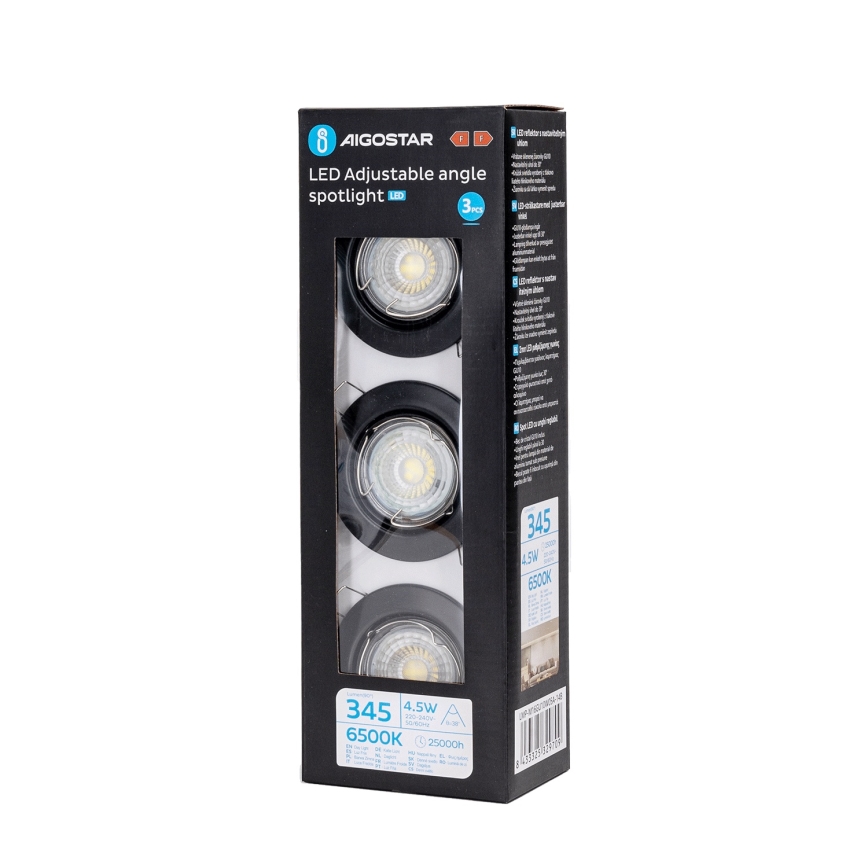 Aigostar - Conjunto de 3 spots LED de embutir 1xGU10/4,5W/230V 6500K pretos