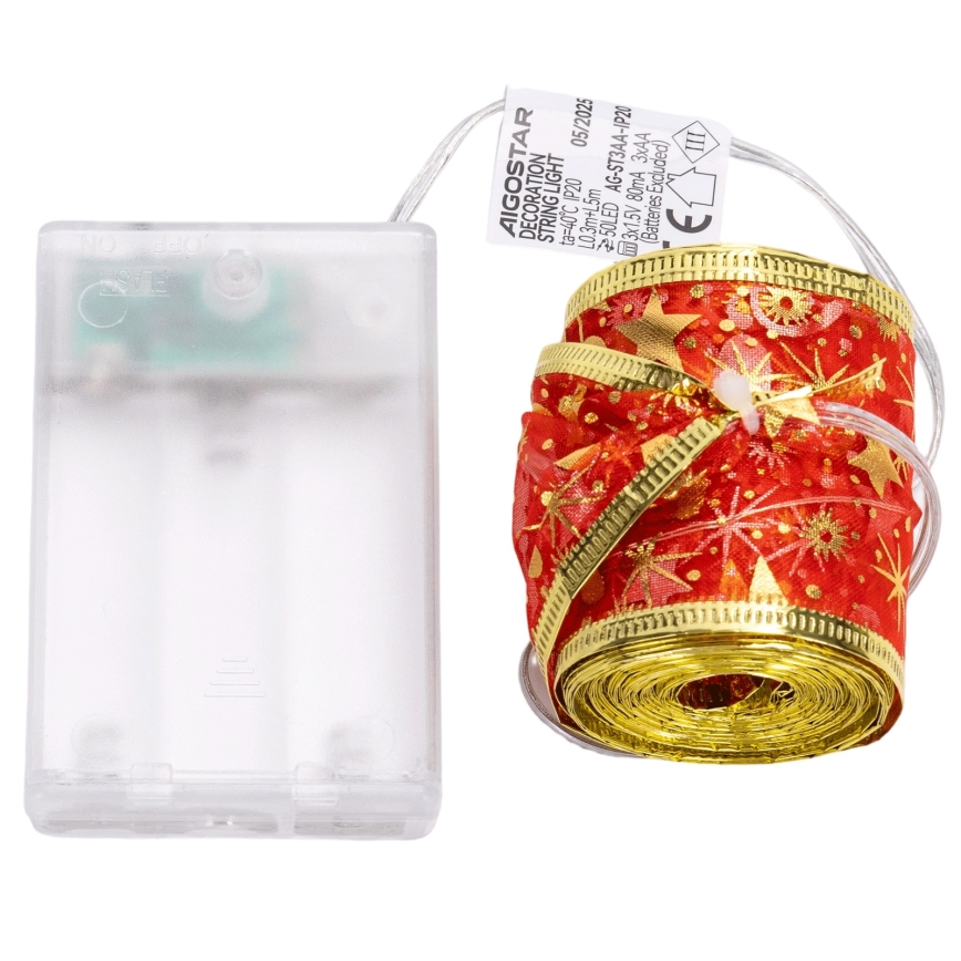 Aigostar - Cordão de LED 50 LEDs/3xAA 5 m, branco quente, vermelho