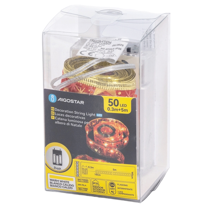Aigostar - Cordão de LED 50 LEDs/3xAA 5 m, branco quente, vermelho