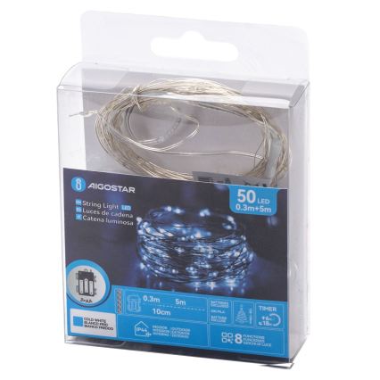 Aigostar - Cordão de luz LED para exterior 50 LEDs/3xAA IP44 5,3 m branco frio