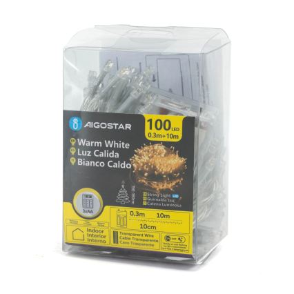 Aigostar - Cordão de luzes de Natal LED 100xLED/3xAA 10,3m branco quente
