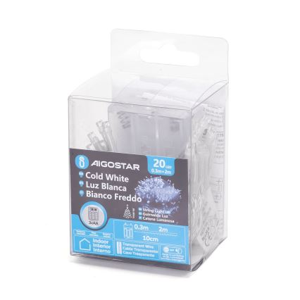 Aigostar - Cordão de luzes de Natal LED 20xLED/3xAA 2,3m em branco frio