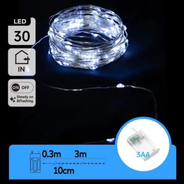 Aigostar - Cordão de luzes de Natal LED, 30 LEDs, 3x pilhas AA, 3,3 m, branco frio