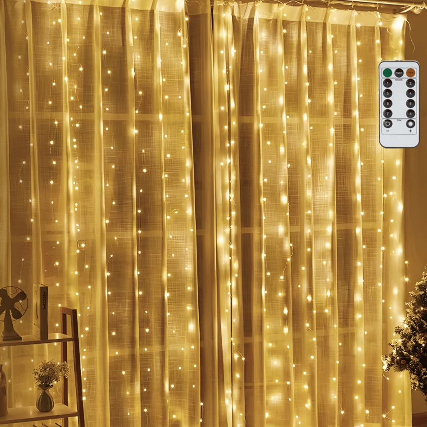 Aigostar - Guirlanda de Natal LED regulável 300 LEDs/8 funções USB 6x3m branco quente + controlo remoto