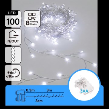 Aigostar - Cordão de luzes de Natal LED para exterior 100 LEDs/8 funções 3xAA 3,3 m IP44 branco frio