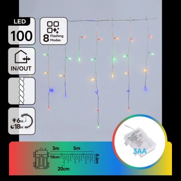 Aigostar - Cordão de luzes de Natal LED para exterior, 100 LEDs/8 funções, 3xAA, 8 x 0,6 m, IP44, multicolorido