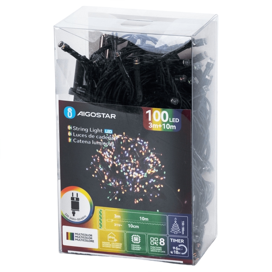 Aigostar - Cordão de luzes de Natal LED para exterior, 100 LEDs, 8 modos, 13 m, IP44, multicolorido