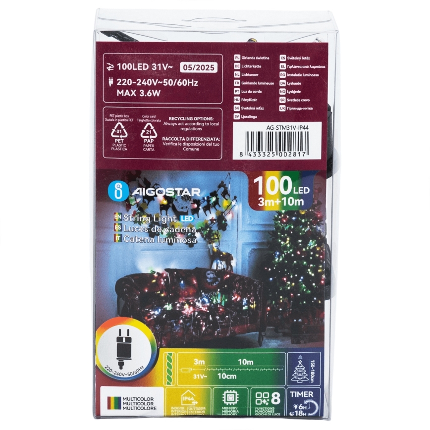 Aigostar - Cordão de luzes de Natal LED para exterior, 100 LEDs, 8 modos, 13 m, IP44, multicolorido