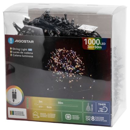 Aigostar - Cordão de luzes de Natal LED para exterior 1000 LEDs/8 funções 53 m IP44 multicolorido