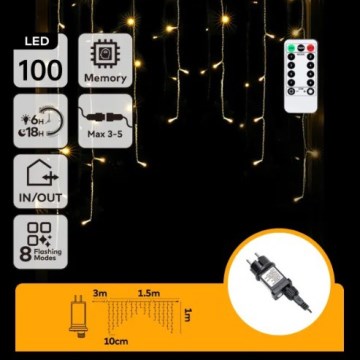 Aigostar - Cordão de luzes de Natal LED para exterior 100xLED/6W/230V/8 funções 1,5x1m IP44 branco quente + controlo remoto