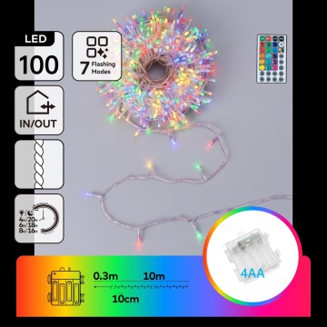 Aigostar - Cordão de luzes de Natal LED para exterior 100xLED/7 funções 4xAA 10,3m IP44 multicolorido + controlo remoto
