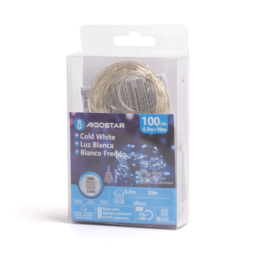 Aigostar - Cordão de luzes de Natal LED para exterior 100 LEDs/8 funções/3xAA 10,3 m IP44 branco frio