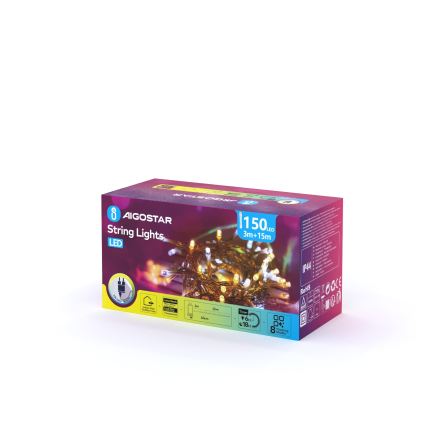 Aigostar - Guirlanda de Natal LED para exterior 150 LEDs/8 funções 18m IP44 branco quente/branco frio