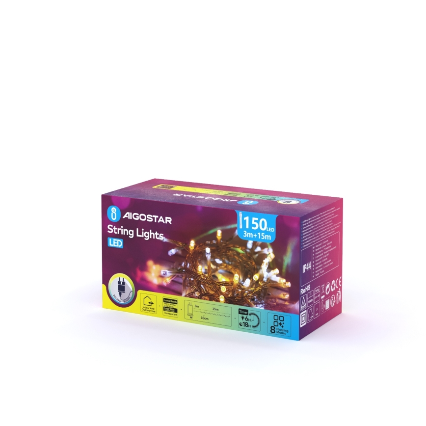 Aigostar - Guirlanda de Natal LED para exterior 150 LEDs/8 funções 18m IP44 branco quente/branco frio