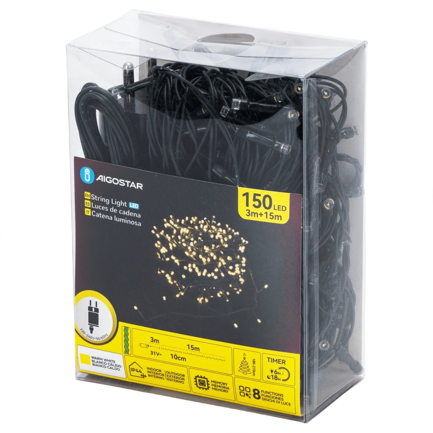 Aigostar - Cordão de luzes de Natal LED para exterior 150 LEDs/8 funções 18m IP44 branco quente