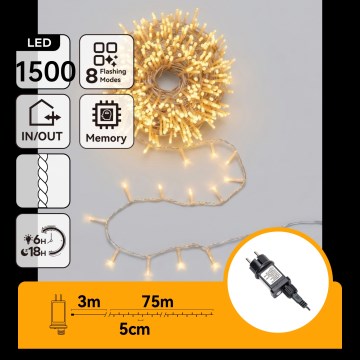 Aigostar - Cordão de luzes de Natal LED para exterior 1500xLED/8 funções 78m IP44 branco quente