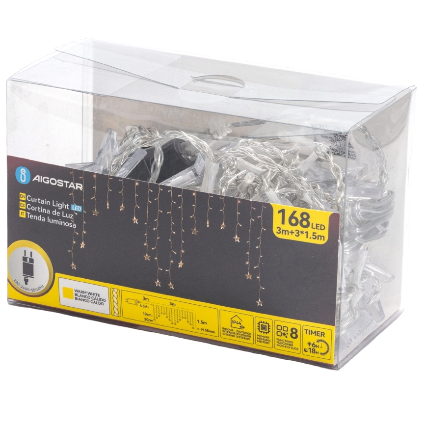 Aigostar - LED guirlanda de Natal para exterior 168xLED/8 funções 3x1,5m IP44 branco quente estrelas