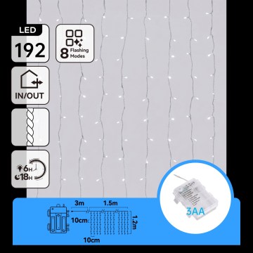 Aigostar - Cordão de luzes de Natal LED para exterior 192xLED/8 funções 3xAA 4,5x1,2m IP44 branco frio