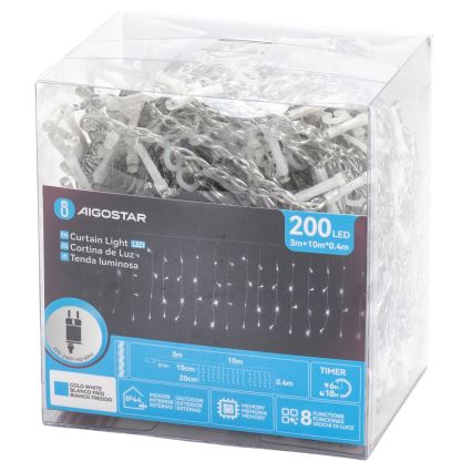 Aigostar - Cordão luminoso de Natal LED para exterior 200xLED/3,6W/230V/8 funções 10x0,4m IP44 branco frio