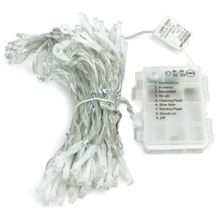 Aigostar - Cordão de luzes de Natal LED para exterior, 200 LEDs, 8 funções, 3x pilhas AA, 5x2 m, IP44, branco quente