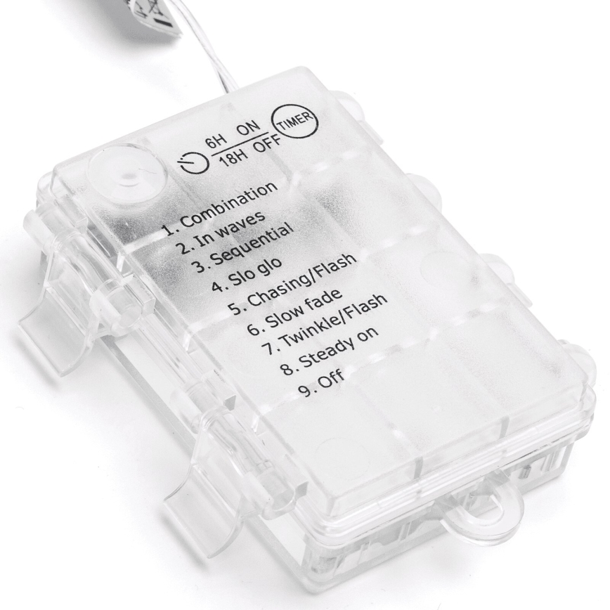 Aigostar - Cordão de luzes de Natal LED para exterior, 200 LEDs, 8 funções, 3x pilhas AA, 5x2 m, IP44, branco quente