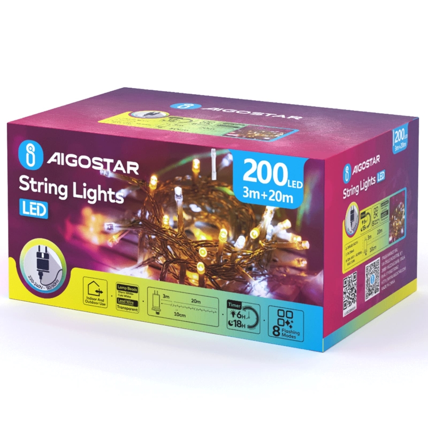 Aigostar - LED Luzes de Natal para exterior 200 LEDs/8 funções 23m IP44 branco quente/branco frio