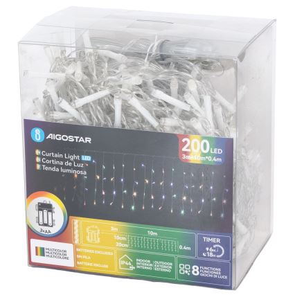 Aigostar - LED Guirlanda de Natal para exterior 200xLED/8 funções 3xAA 13x0,4m IP44 multicolorido