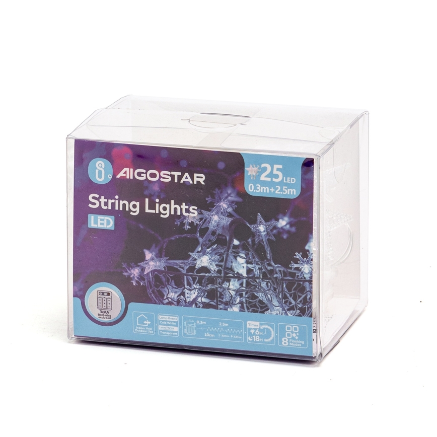 Aigostar - Guirlanda LED para exterior, 25 LEDs, 8 funções, alimentada por 3 pilhas AA, 2,5 m, IP44, branco frio