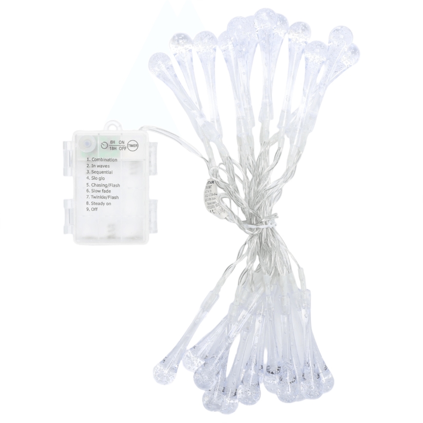 Aigostar - Cordão de luzes LED de Natal para exterior, 25 LEDs, 8 funções, 3xAA, 2,5 m, IP44, branco quente, em formato de gotas