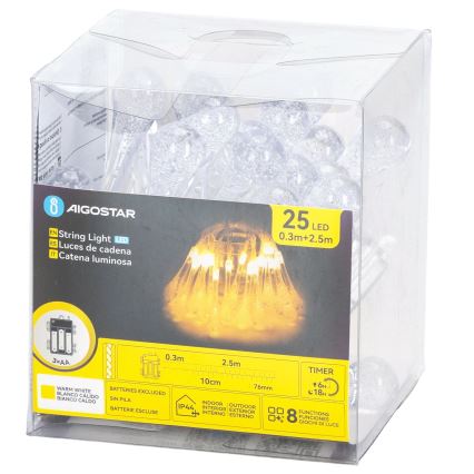 Aigostar - Cordão de luzes LED de Natal para exterior, 25 LEDs, 8 funções, 3xAA, 2,5 m, IP44, branco quente, em formato de gotas
